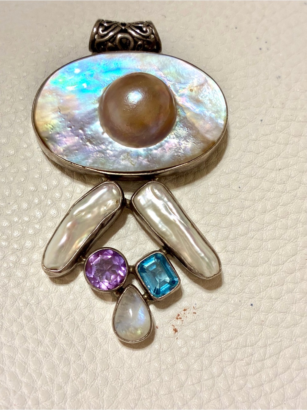 RARE VINTAGE Blister Pearl, SS, Pendant with Amethyst and BlueTopaz